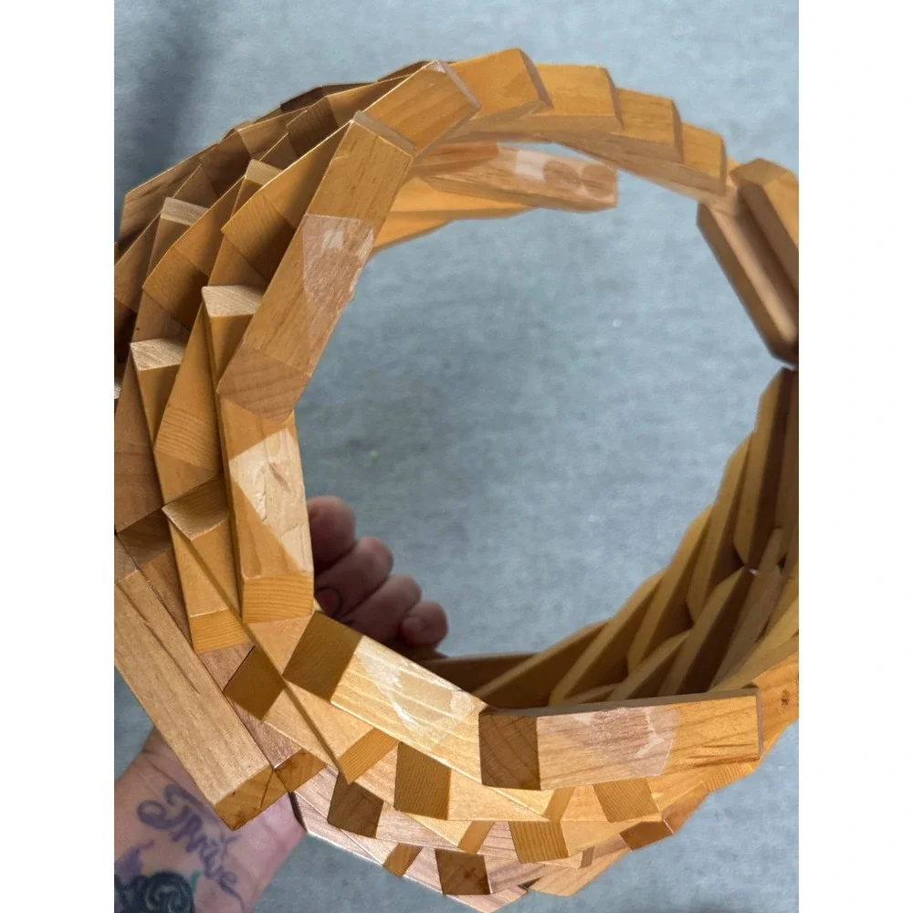 Vintage Geometric Collapsible Wooden Basket Interlocking Block Sculpture Bowl